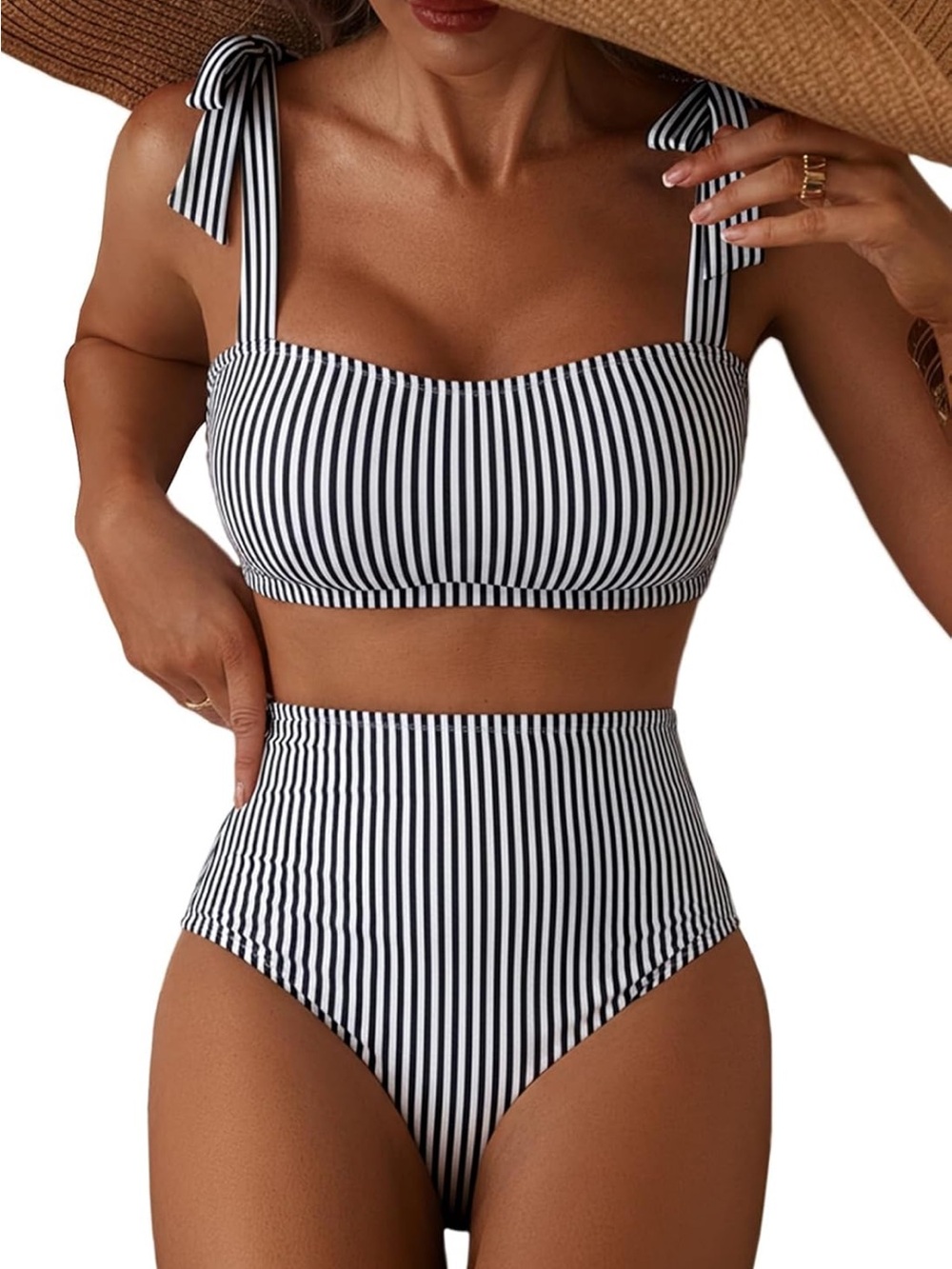 Source Unknown Black and White Striped High-Waist Bikini with Tie Straps